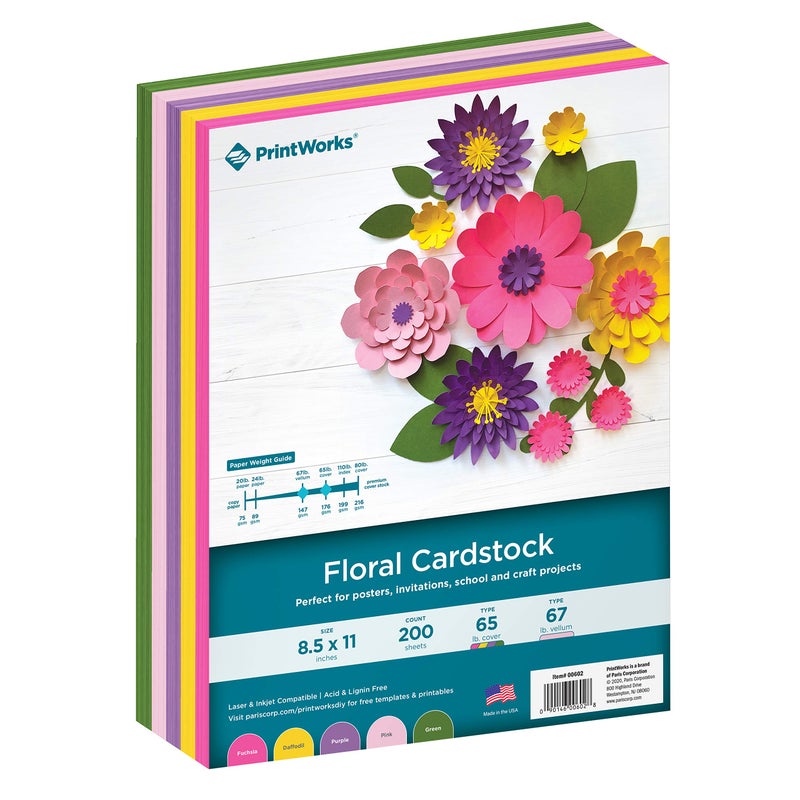 PrintWorks Floral Cardstock Paper 8.5" x 11" - 200 Sheets - 5 Assorted Colors for Flowers - Ideal for School & Craft Projects - 67 lb/147 gsm & 65 lb/176 gsm - Made in the USA (00602) - Image 1